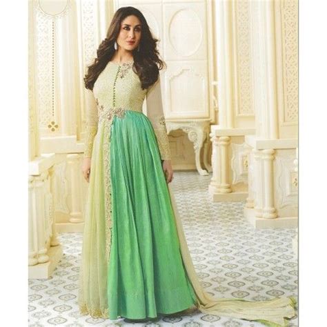 Rs3306 Buy Online Jiya Kareena Kapoor Georgette Cream And Green Embroidered Semi Stitched Long
