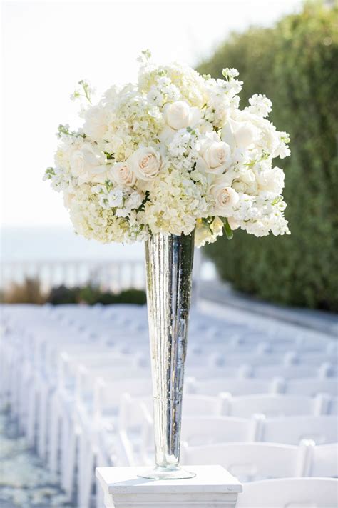 Tall White Rose And Hydrangea Centerpiece Flower Centerpieces Wedding White Flower