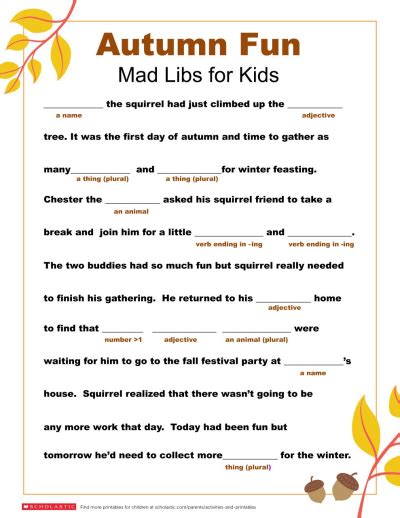 Mad Libs Printable For Fall Worksheets And Printables
