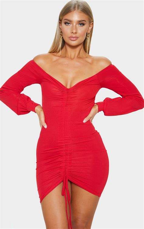 Red Ribbed Ruched Front Bardot Bodycon Dress Prettylittlething Aus