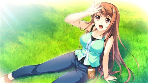 Anime Girl Brown Hair Sitting On The Lawn Wallpapers And