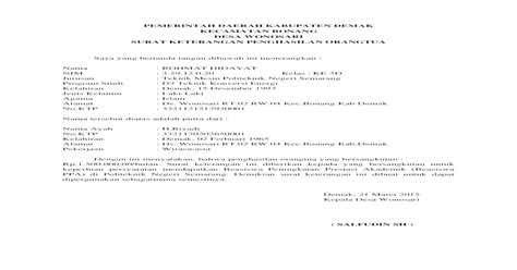 Surat ijin dari orang tua/wali. Surat Keterangan Penghasilan Orang Tua Docx - Bagi Contoh Surat