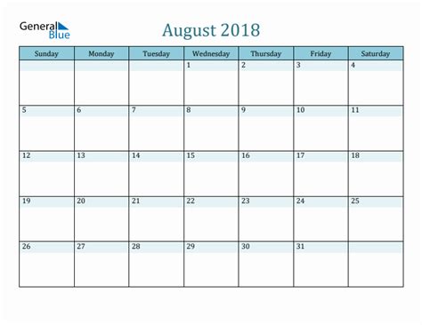 August 2018 Monthly Calendar Template Sunday Start