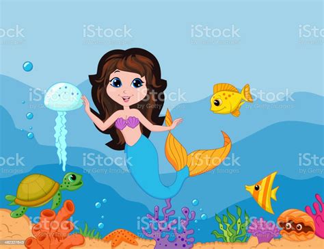 Cute Mermaid Cartoon Waving Hand Stock Illustration Download Image