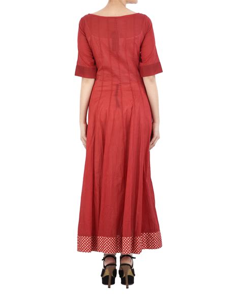 Red Cotton Dress With White Applique By Myoho By Kiran And Meghna The
