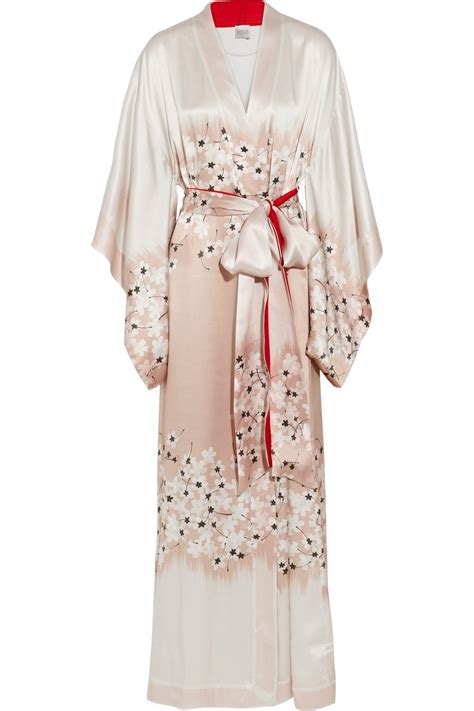 carine gilson sakura floral print silk satin kimono robe in natural lyst