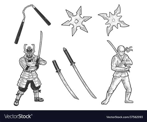Japanese Ninja Set Sketch Royalty Free Vector Image