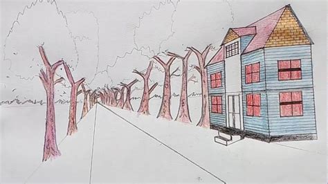 How To Draw House And Trees Along The Road In One Point Perspective