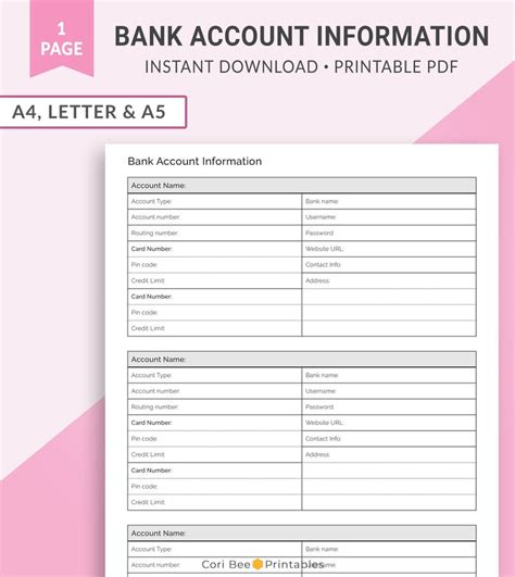 Bank Account Information Tracker Financial Planner Expenses Etsy Hong