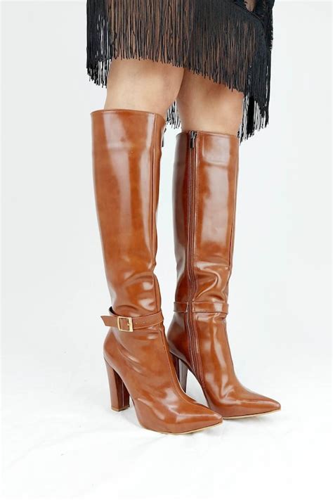 BROWN LEATHER BOOTS Knee High Heel Boots With Side Zipper Etsy