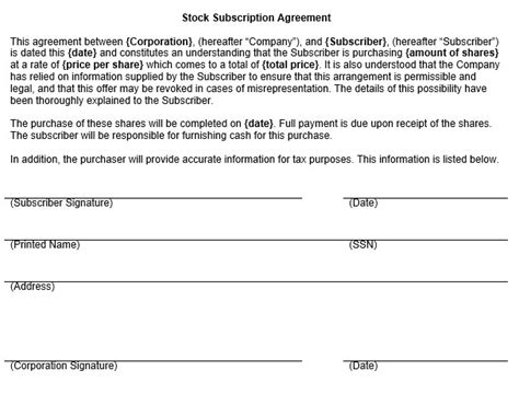 Subscription Contract Template Stock Subscription Agreement Form
