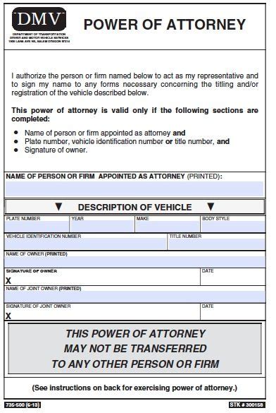 Free Vehicle Power Of Attorney Oregon Form Pdf Template