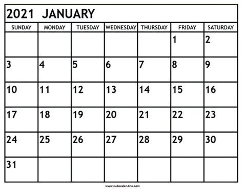Blank January 2021 Calendar Printable Zudocalendrio Monthly