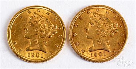 Two 1901 Liberty Head Five Dollar Gold Coins Sold At Auction On 12th