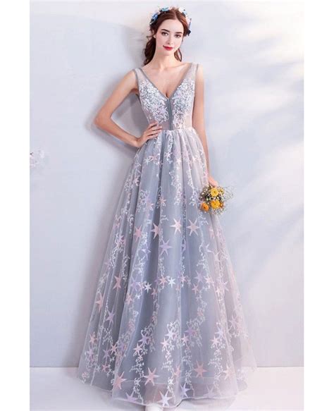 Fantasy Grey A Line Tulle Prom Dress V Neck Long With Stars Wholesale