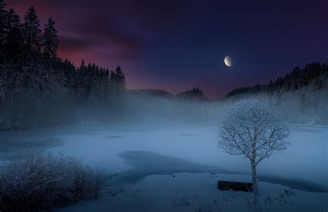 Nature Landscape Mist Sunset Lake Mountain Starry Night Forest Frost