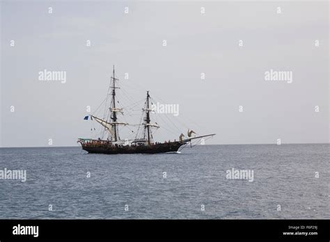 Pirate Ship The Brig Unicorn At Sea Off St Lucia And Full Of Holiday