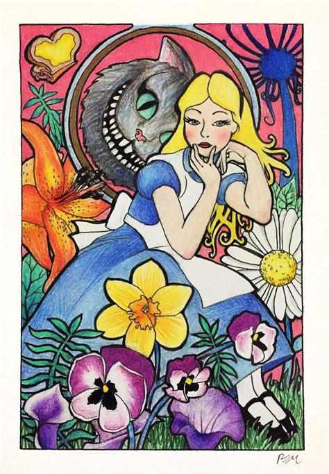 Alice In Wonderland Art Nouveau Original Art Drawing Etsy