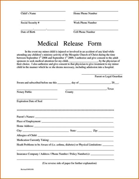 Medical Release Form Template For Children Doctemplates