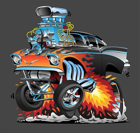 Classic Hot Rod 57 Gasser Drag Racing Muscle Car Cartoon Drawing By