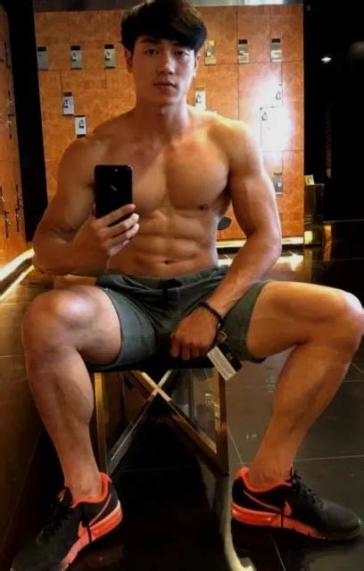 Shirtless Male Beefcake Muscular Asian Locker Room Hunk Shorts Photo