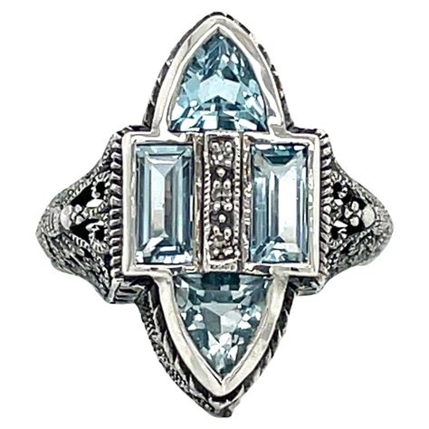 Antique Style London Blue Topaz Sterling Silver Filigree Ring W Diamond