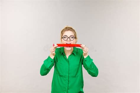 Business Woman Biting Pencil Stock Image Image Of Bite Biting 133945793