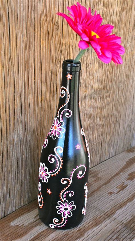 Hand Painted Wine Bottle Vase Up Cycled Black With By Lucentjane Ваза