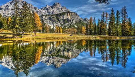 Wallpaper Lake Trees Reflection Italy Dolomites Mountains Sky
