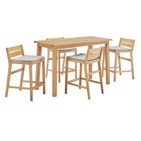 Riverlake 5 Piece Outdoor Patio Ash Wood Bar Set Natural Taupe By Modway