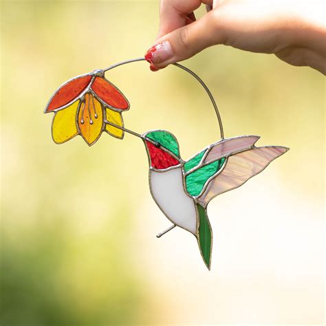 Stained Glass Hummingbird Suncatcher Flower Stained Glass Etsy
