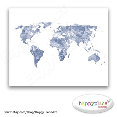 Blue And White World Map Print For Instant Download 8x10 Or Etsy