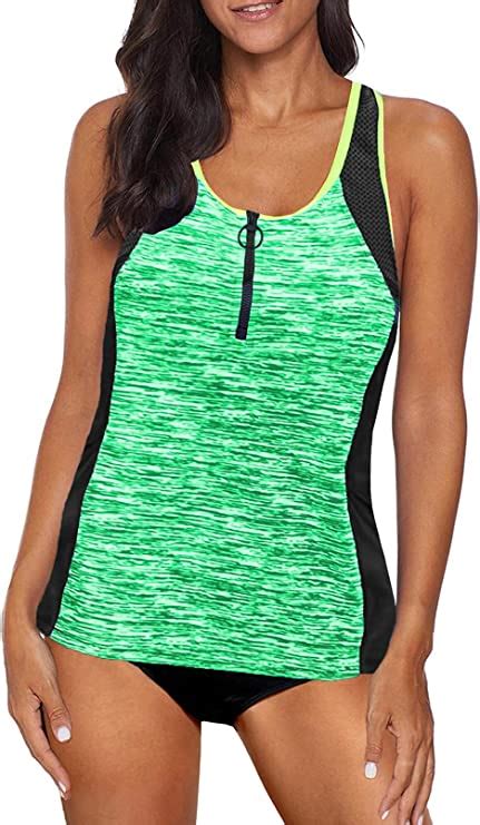 Sweetop Womens Zip Front Color Block Tankini Top Print Swimsuits Racerback Bathing Suits With