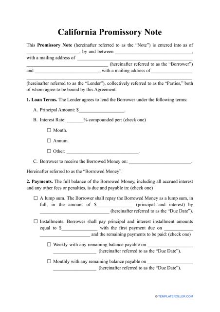 California Promissory Note Template Download Printable Pdf Templateroller