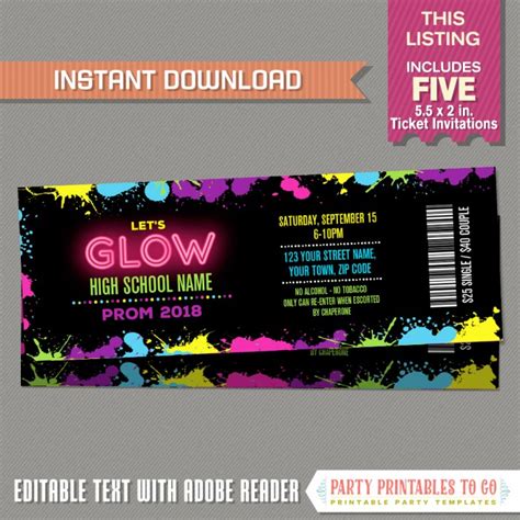 Neon Glow Prom Party Ticket Invitations Instant Dowload Glow In The