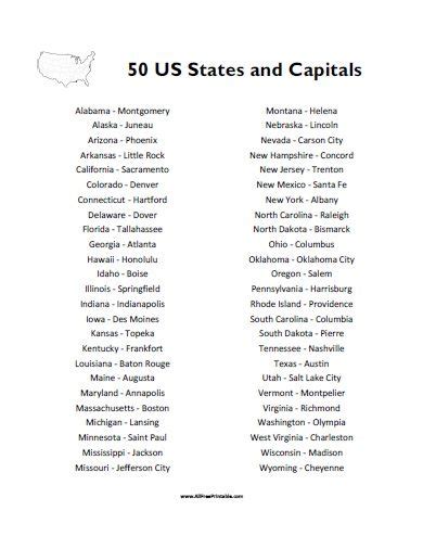 50 States And Capitals List Free Printable States And Capitals
