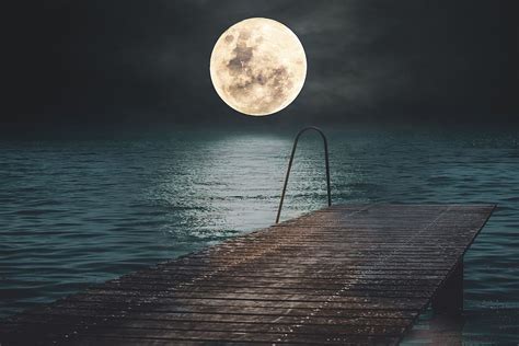 Landscape Night Sea Moon Reflection Jetty Water Sky Beauty In