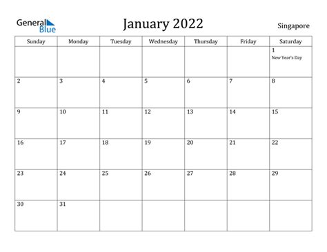 January 2022 Calendar Singapore