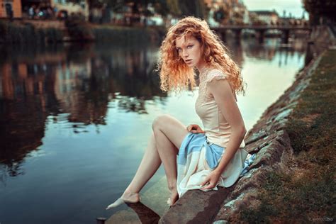 Wallpaper Redhead Legs River Water Long Hair Curly Hair Skirt Riverside Sitting Women