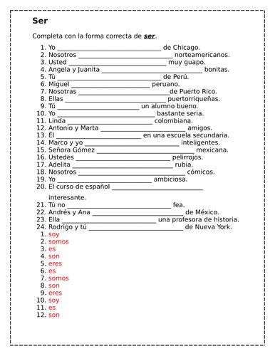 Ser Spanish Verb Worksheet Teaching Resources