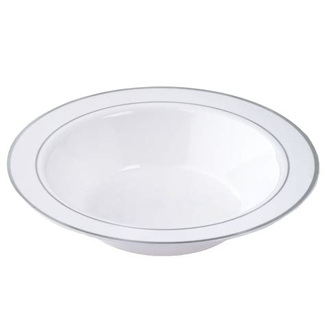 10 Pack White 12oz Round Disposable Plastic Bowls With Silver Rim