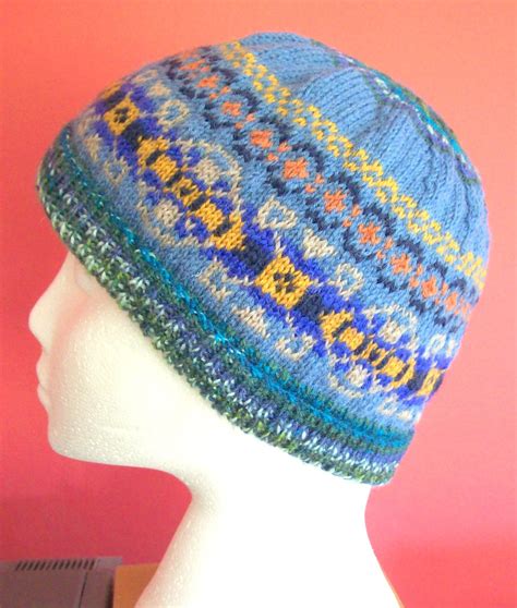 Fairisle Wool Beanie Hat For Women In Blue Hand Knitted Etsy