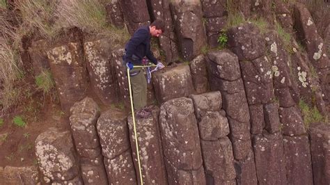 Drone Films Climber Rappelling Down Basalt Columns In Eugene Oregon