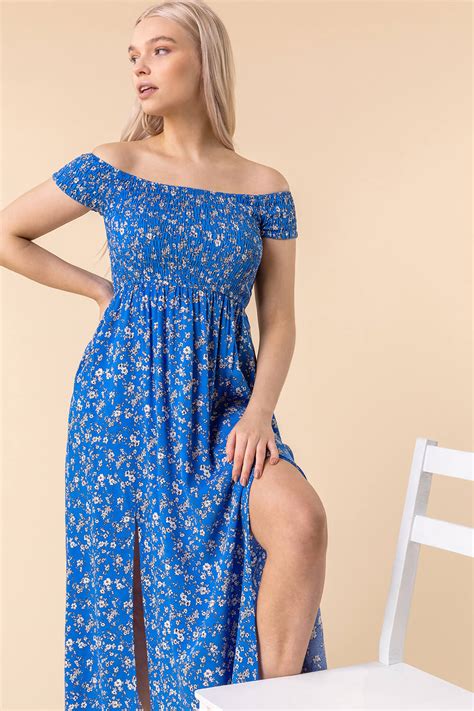 Shirred Ditsy Floral Print Bardot Dress In Blue Roman Originals Uk