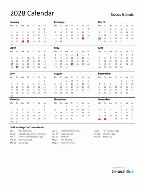 Standard Holiday Calendar For 2028 With Cocos Islands Holidays