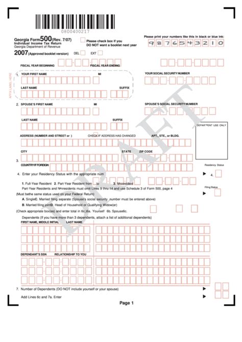 Georgia Form 500 Draft Individual Income Tax Return Printable Pdf