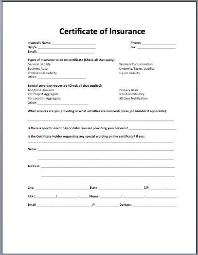 sample insurance certificate archives microsoft word
