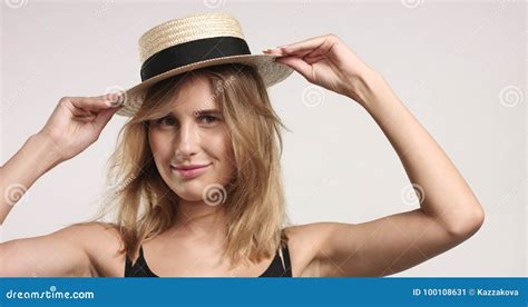 Pretty Blond Girl In Straw Hat Stock Image Image Of Cheerful Model 100108631