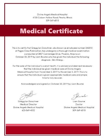 Medical Certificate Samples Free Certificate Templates In Word