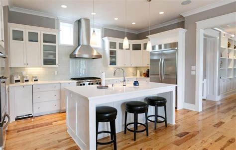 Put the sink on the lower level. Grey kitchen with white cabinets and stainless steel appliances. | White kitchen cabinets, Grey ...